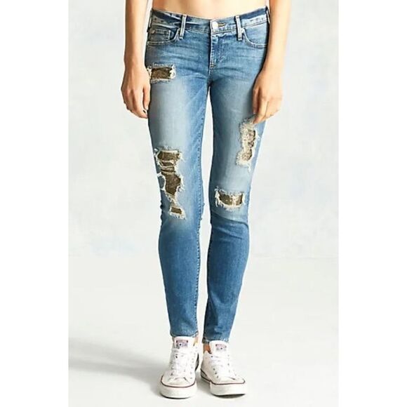 True Religion Casey Super Skinny Low Rise Distressed Gold Sequin Blue Jean 26 - Picture 2 of 11